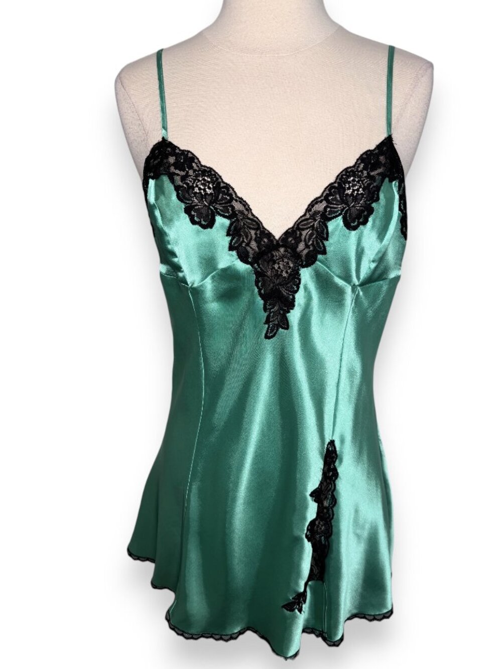 Frederick's of Hollywood Green Satin Black Lace Slip Lingerie Size Medium